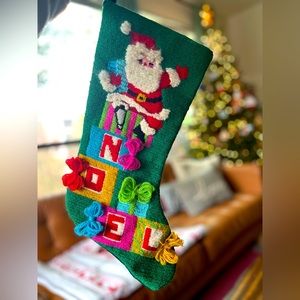 Vintage Needlepoint Christmas Stocking Wool Santa Bow